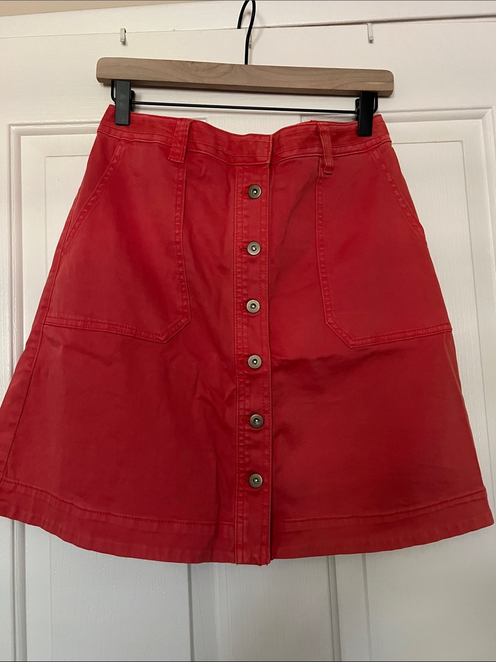 Pilcro and the Letterpress Red Button-Front A-Line Skirt